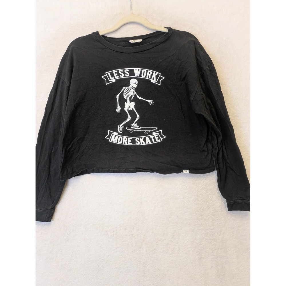 Local Lab Women's Size S Black Less Work More Skate Skeleton Graphic Crop Shirt